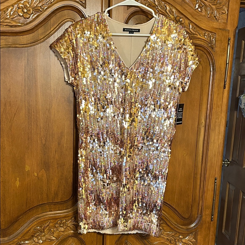 NWT BOSTON PROPER Gold Sequin Mini SHIFT Dress. XXS